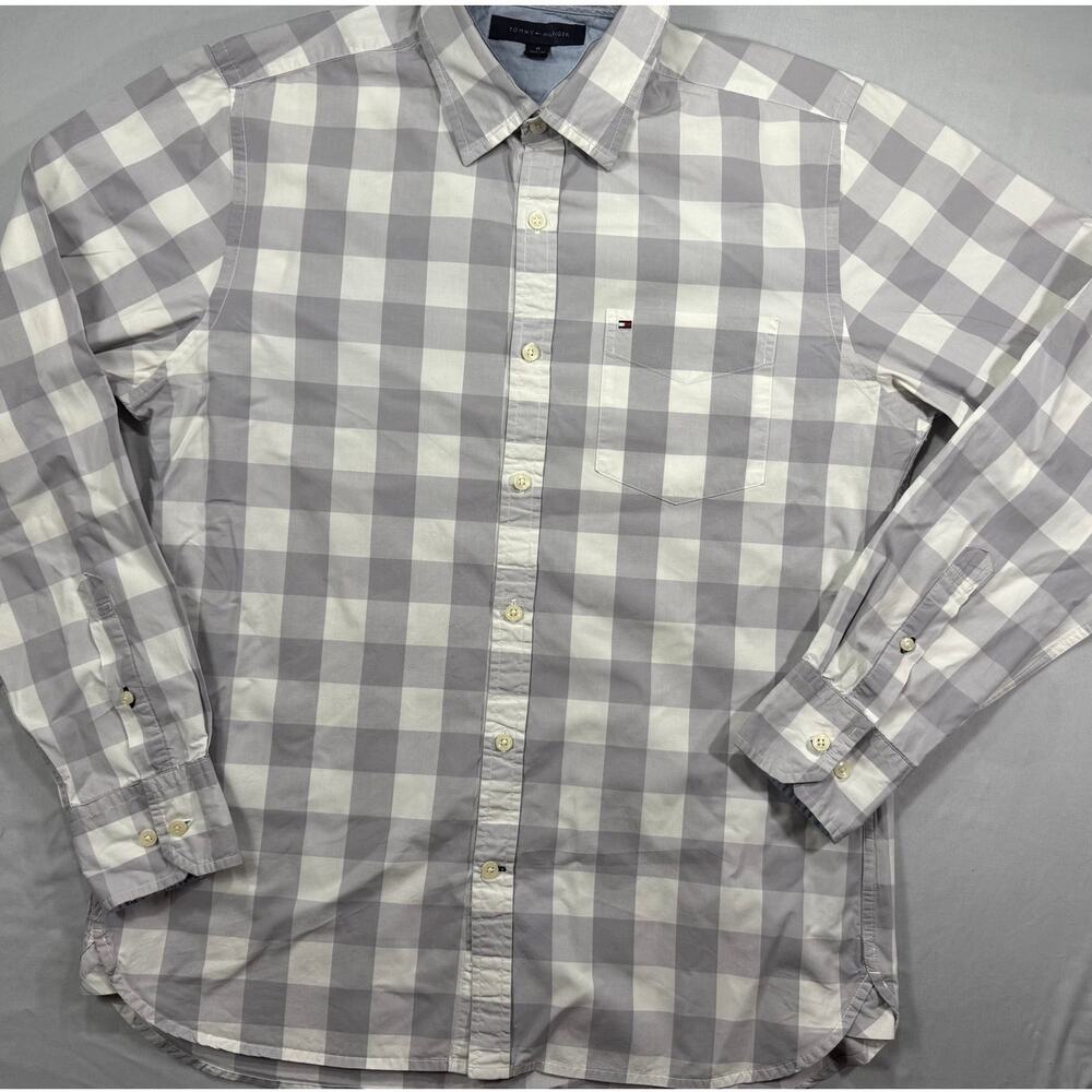 Tommy Hilfiger Men's Custom Fit Gingham Button Down Shirt Size M Gray White